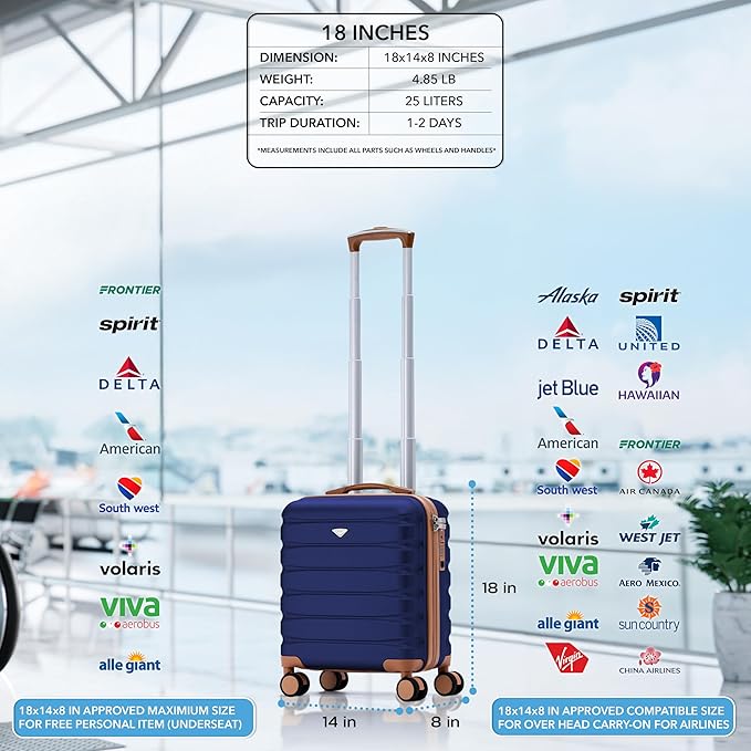 Carry On Suitcase Hardside Built In TSA Lock & USB Port Silent Double Spinner Wheels Maximum Underseat Carry-On Bag For American & United Approved Airlines( 18x14x8" ,Navy/Tan )