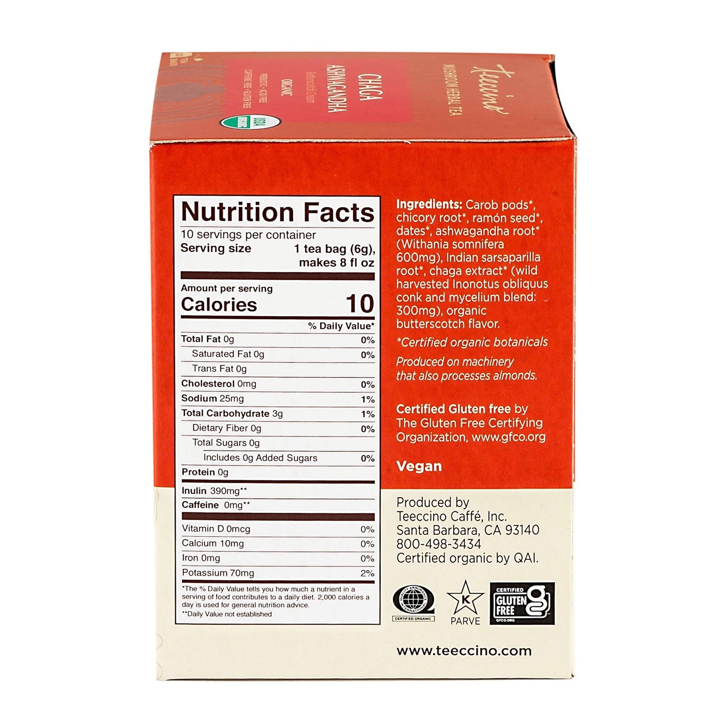 Teeccino Chaga Ashwagandha Tea - Butterscotch Cream - Organic Mushroom Adaptogenic Herbal Tea, 3x More Herbs than Regular Tea Bags, Prebiotic, Caffeine Free, Gluten Free - 10 Tea Bags