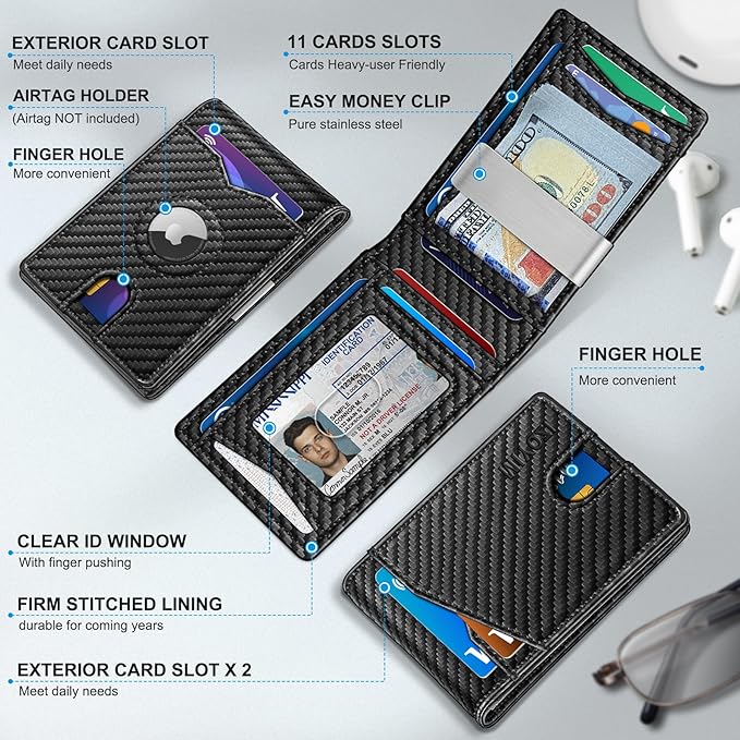 Airtag Wallet for Men,with Money Clip 11 Cards Slim Front Pocket Leather RFID Blocking Wallet with Gift Box