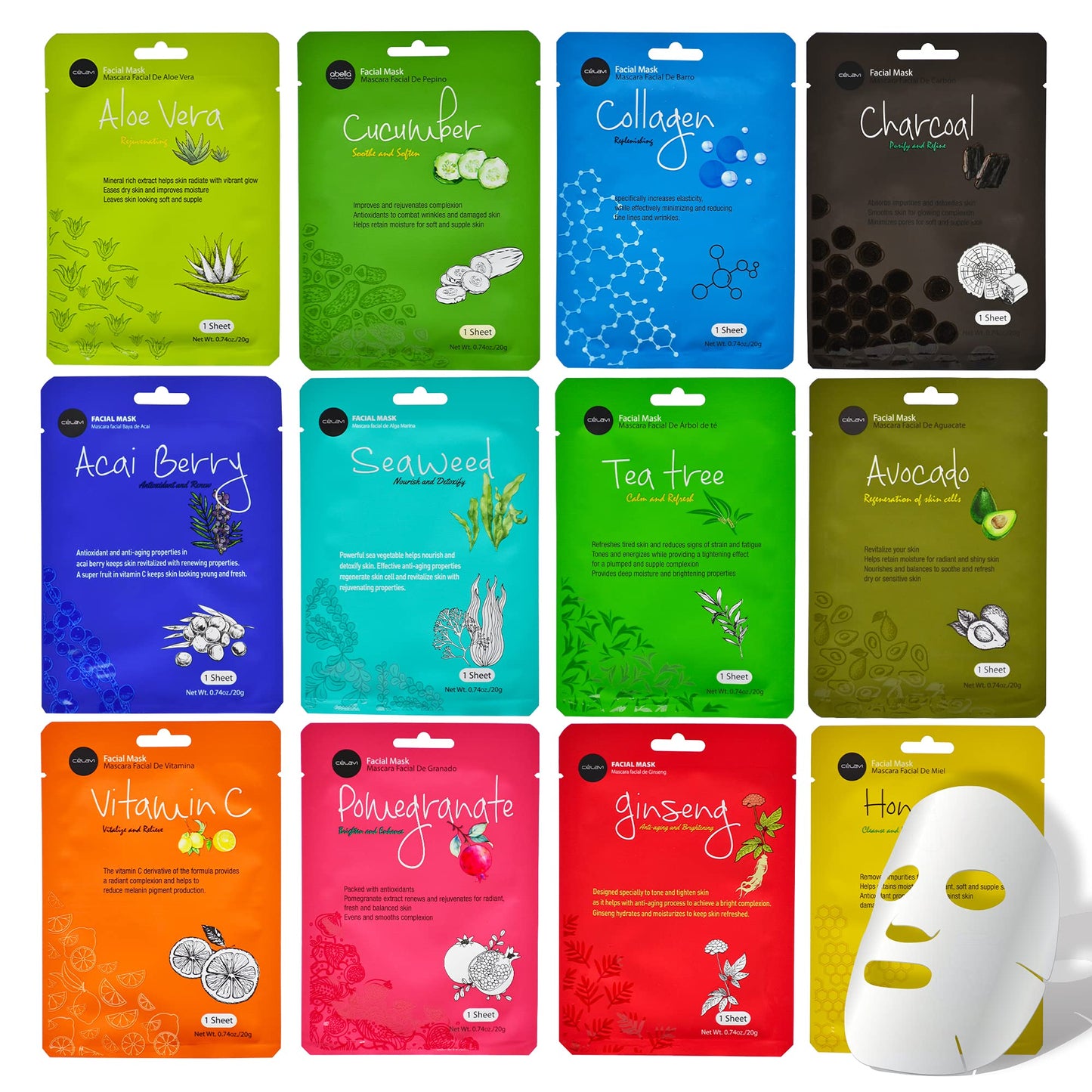 Celavi Essence Face Mask Paper Sheet Korea Skin Care Moisturizing 12 Pack Classic Facial Beauty