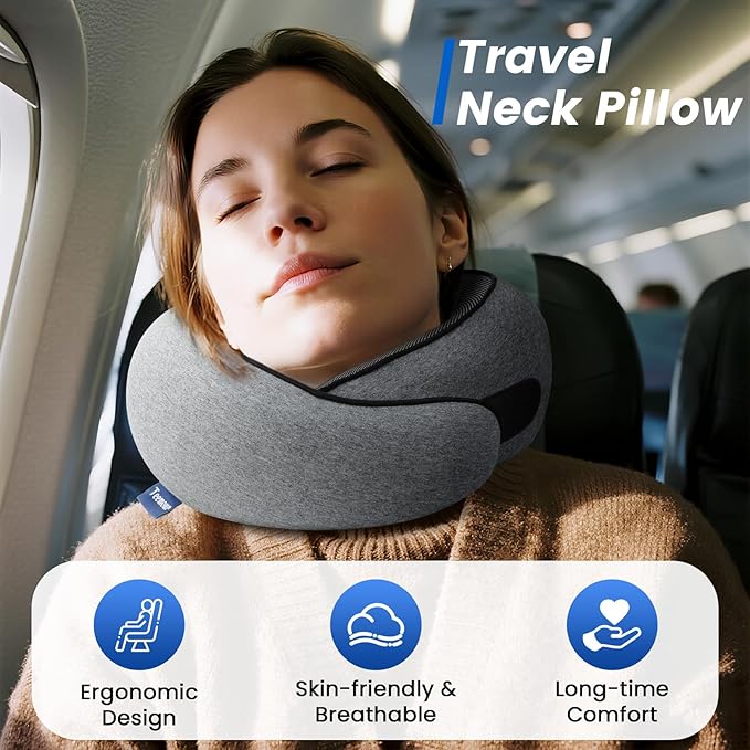 Neck Pillow for Airplane Travel Memory Foam Neck Travel Pillow with Eye Mask & Ear Plugs, Portable Carry Bag for The Comfort of Travel & Office, Travel Pillow for Plane, Car, Home, Work, Dark Grey