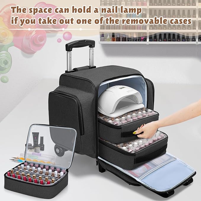 BAFASO Rolling Nail Polish Organizer Holds 144 Bottles, Nail Polish Case with a Detachable Dolly and 3 Removable Cases (Patented Design), Black