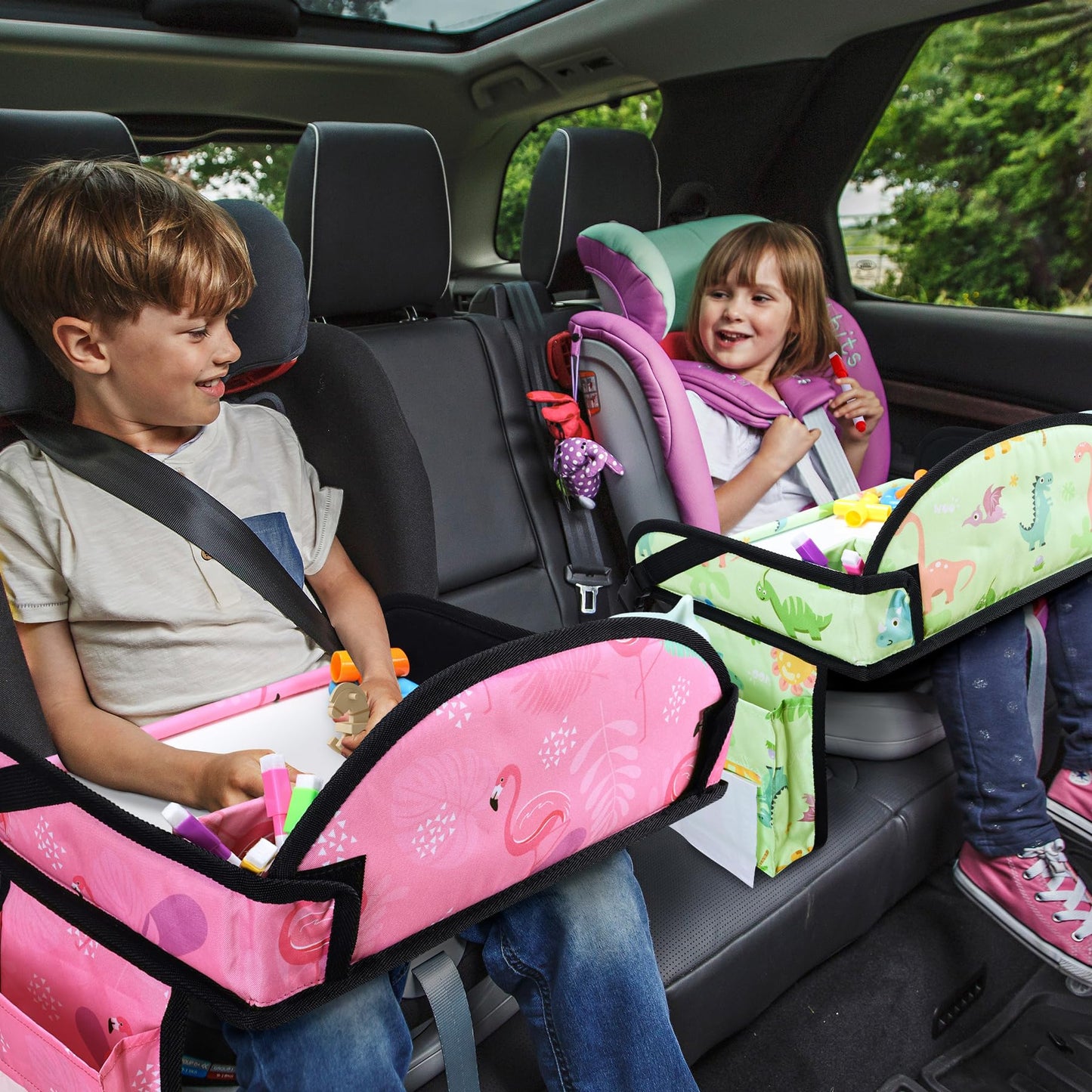 WENRENER 2PCS Kids Travel Tray, Car Seat Tray for kids Travel, Toddler Road Trip Essentials With Drawing Kit, Toddler Lap Desk Organizer for Car, Carseat Table for Airplane