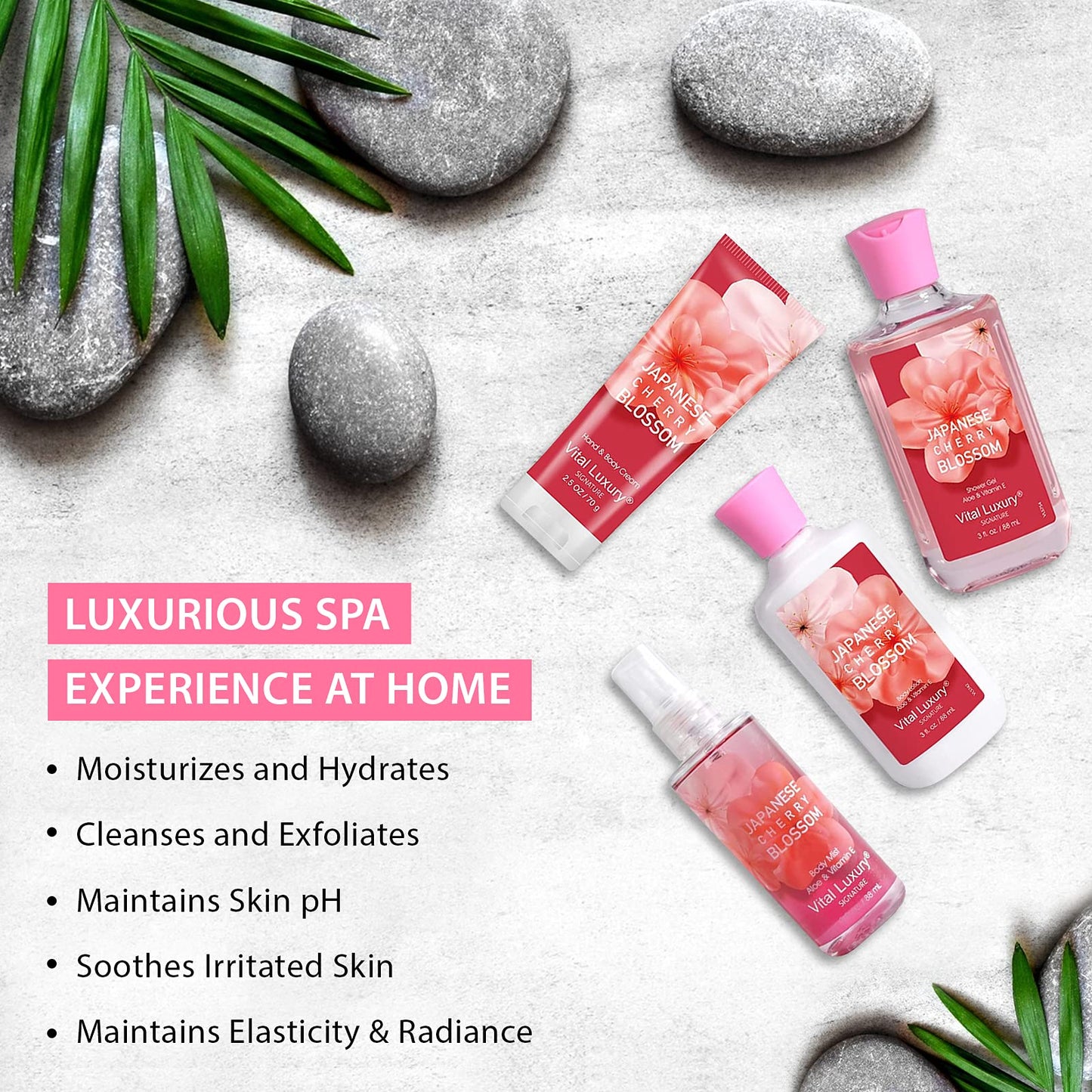 Bath and Body Care Gift Set for Women and Girls, Personal Self-Body Care Travel Set, Japanese Cherry Blossom Spa Home Set with Natural Extracts, 4 Pack - Shower Gel, Body Lotion, Body Mist, Hand Cream