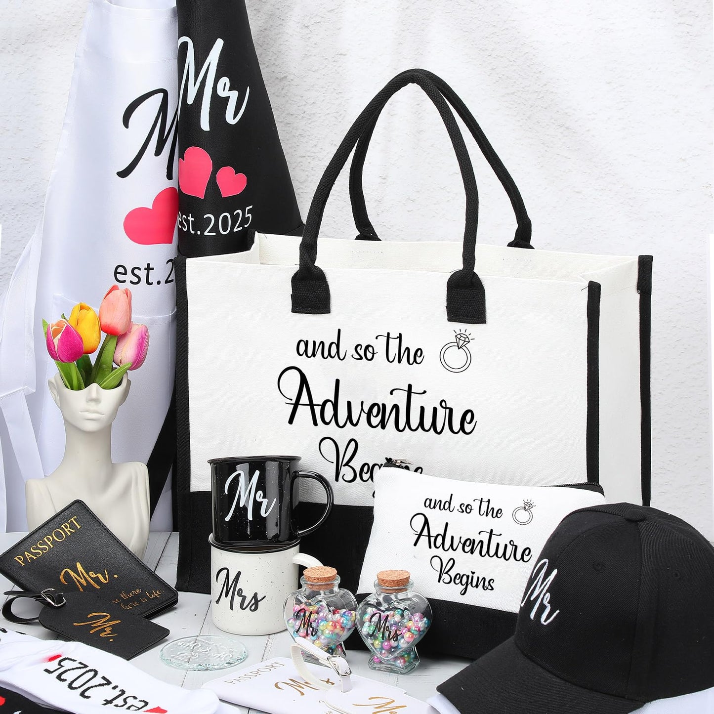 Singhoow 15 Pcs 2025 Wedding Gift Mr and Mrs Gifts for Couples Set, Mr and Mrs Aprons Wedding Honeymoon Bridal Shower Cooking Gifts Ideas for Bride Groom Engagement Anniversary Travel (Adventure)