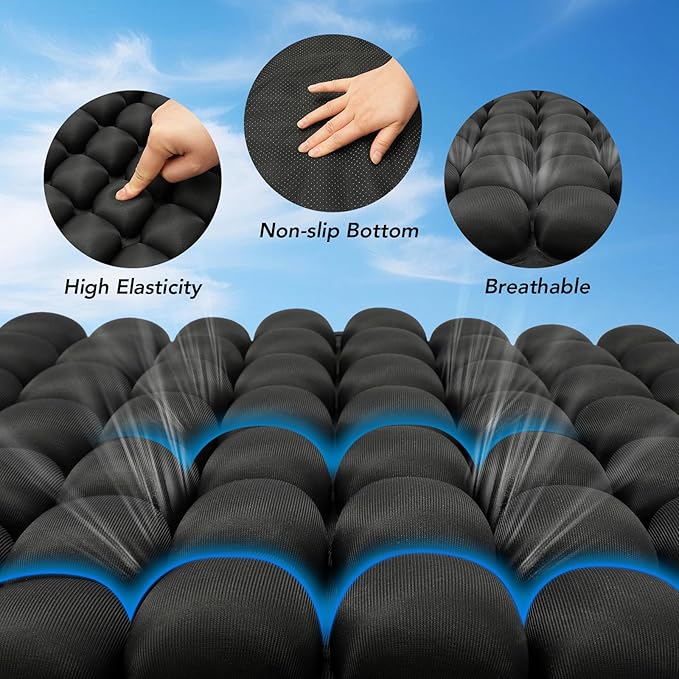 Air Inflatable Travel Seat Cushion, Portable Breathable Comfort Cushion, 56 Air Bubble Design for Airplane, Car, Office Chairs & Home Living – Lightweight & Ergonomic Support,18” x 16” (Black)