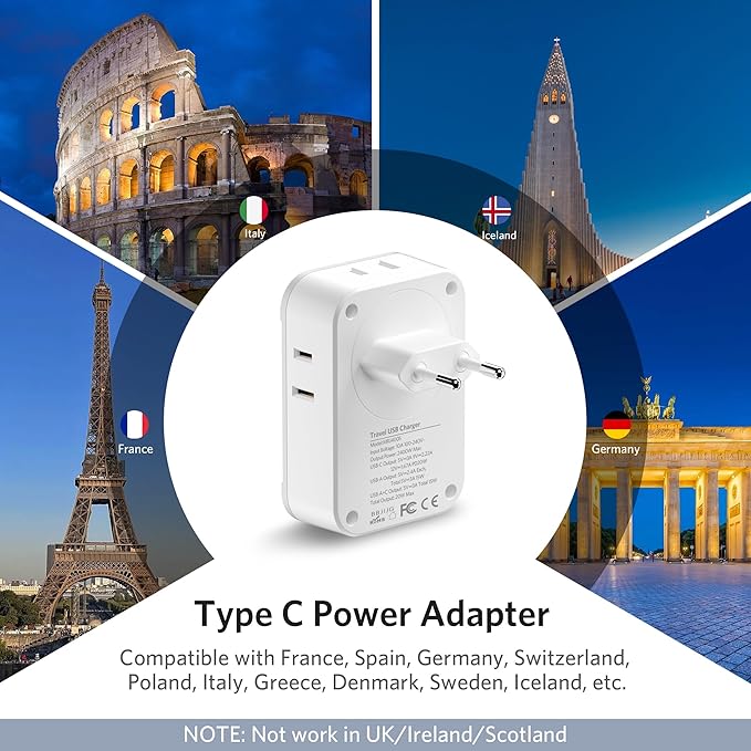 BESTEK 2 Pack European Travel Plug Adapter USB C - US to Europe Plug Adapter with 4 Outlets 3 USB Charger (1 PD 20W) Type C Plug Adapter Travel Essentials to Most Europe EU Spain Italy France Germany
