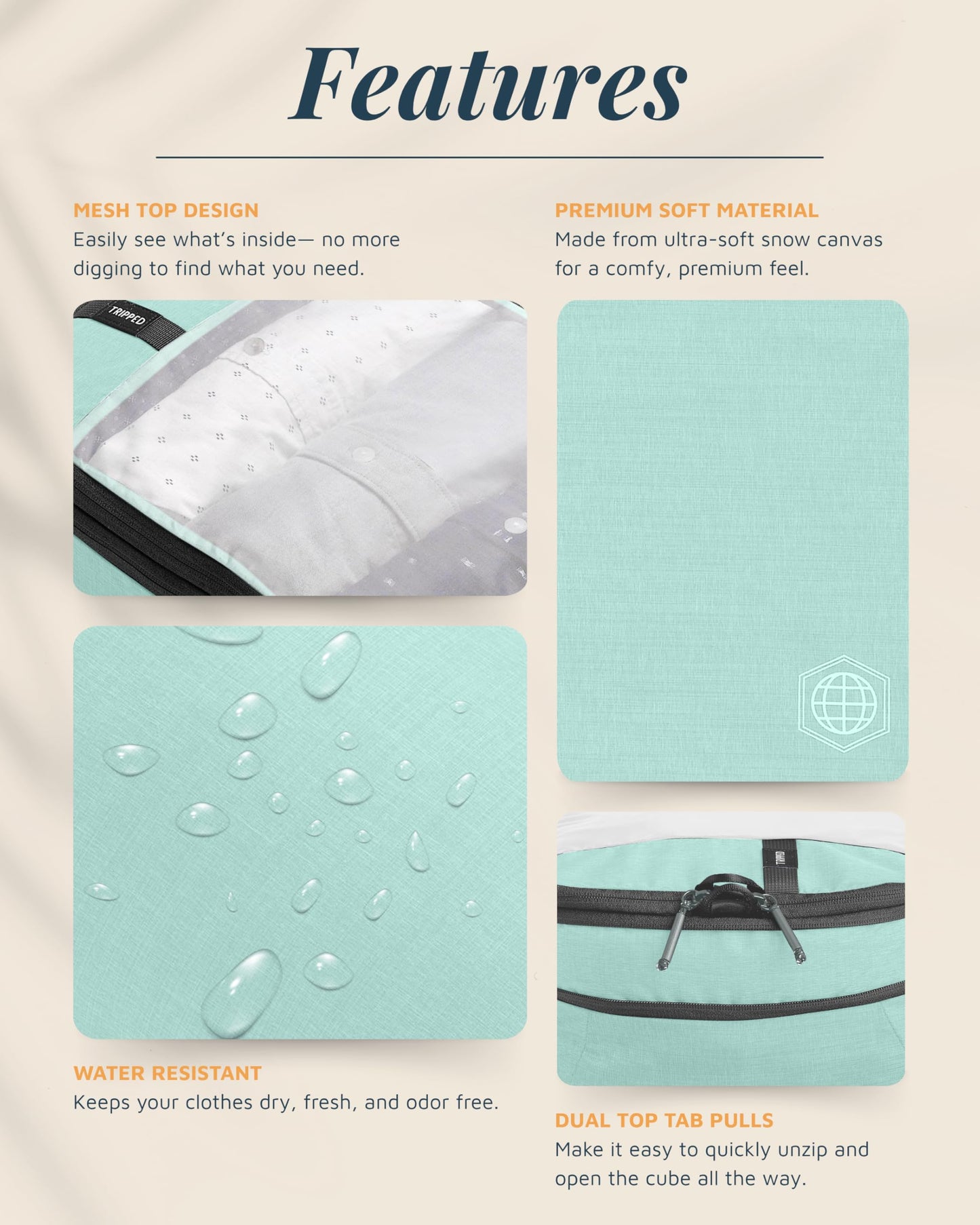 Premium Compression Packing Cubes for Travel, Compression Packaging Cube, Zip Bags Premium 6-Piece Set with laundry bag and shoe bag by TRIPPED Travel Gear (Dusty Teal Mesh)