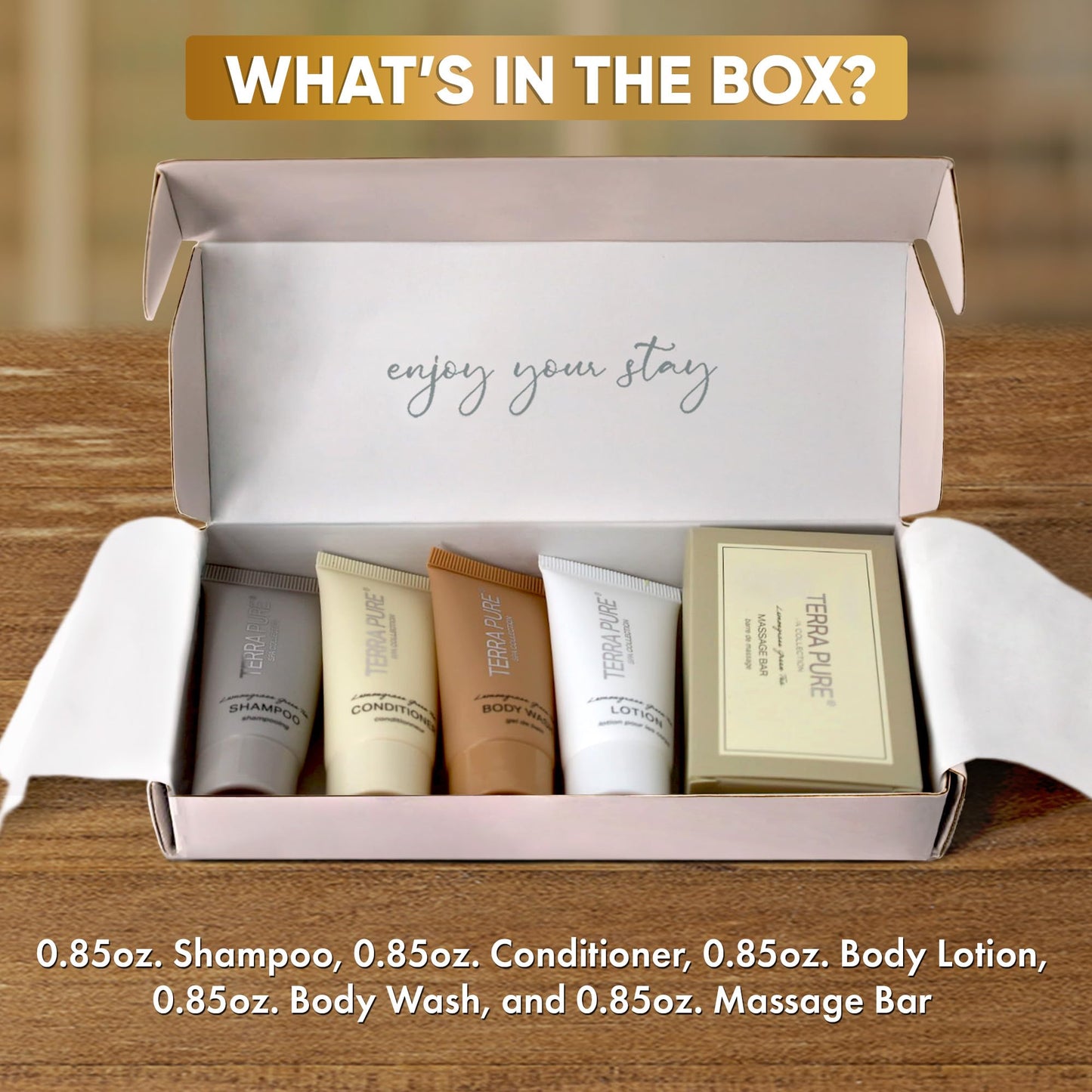 Terra Pure Spa Collection Amenity Kit | Hotel Bulk Toiletries | 0.85 oz Shampoo, Conditioner, Lotion, Body Wash, Massage Bar for Guest Hospitality Vacation Rentals | 1 Set/Case
