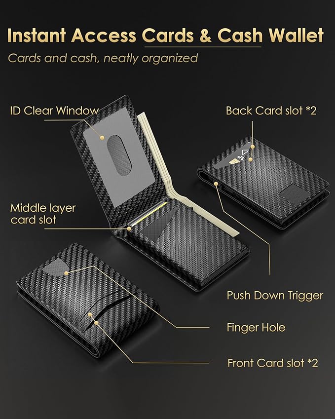 2025 Upgraded Minimalist Wallet for Men - RFID Blocking Credit Card Holder Case Leather Pop Up Aluminum Wallet with Cash Slot, Front Pocket ID Window Gift Boxed (Carbon Fiber - with Airtag Holder)
