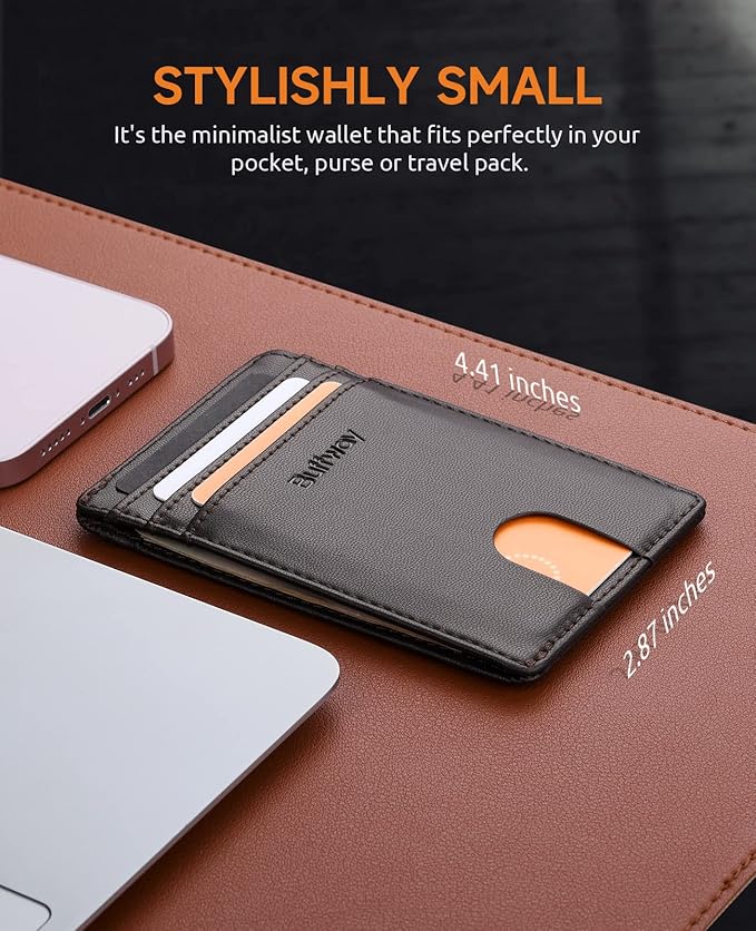 Buffway Mens Slim Wallet, Minimalist Thin Front Pocket Leather Credit Card Holder with RFID Blocking for Work Travel