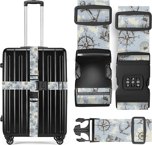 2 Pack Luggage Straps, Adjustable Cute Printing with Combination Lock Luggage Straps for Women Men Travel School Business Trips-Sailing