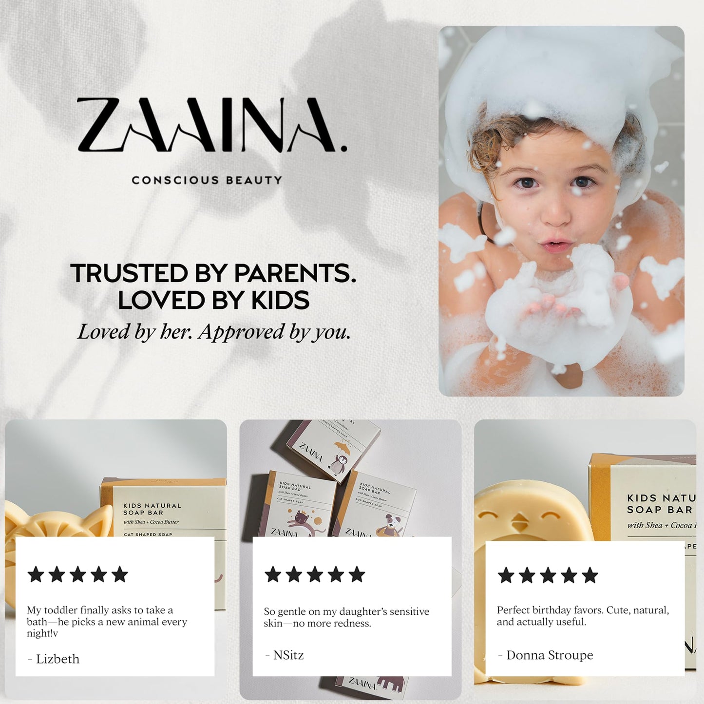 ZAAINA Kids Soap Bar (Set of 6) – Unique Natural Animal Shaped Soaps for Children – Gentle Bath Soap for Sensitive Skin – Fun Gift for Kids – Birthday, Bath Time – Handmade in USA