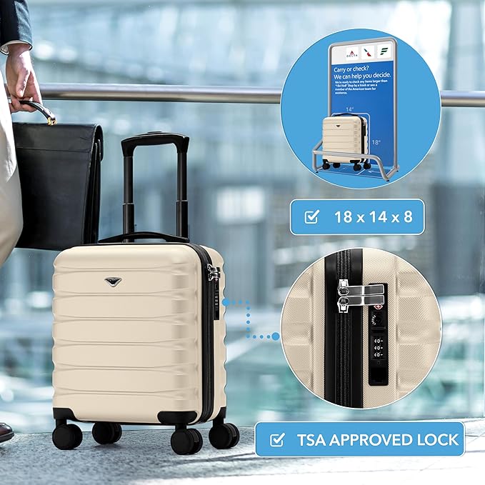 Carry On Suitcase Hardside Built In TSA Lock & USB Port Silent Double Spinner Wheels Maximum Underseat Carry-On Bag For American & United Approved Airlines( 18x14x8" ,Cream/Black )
