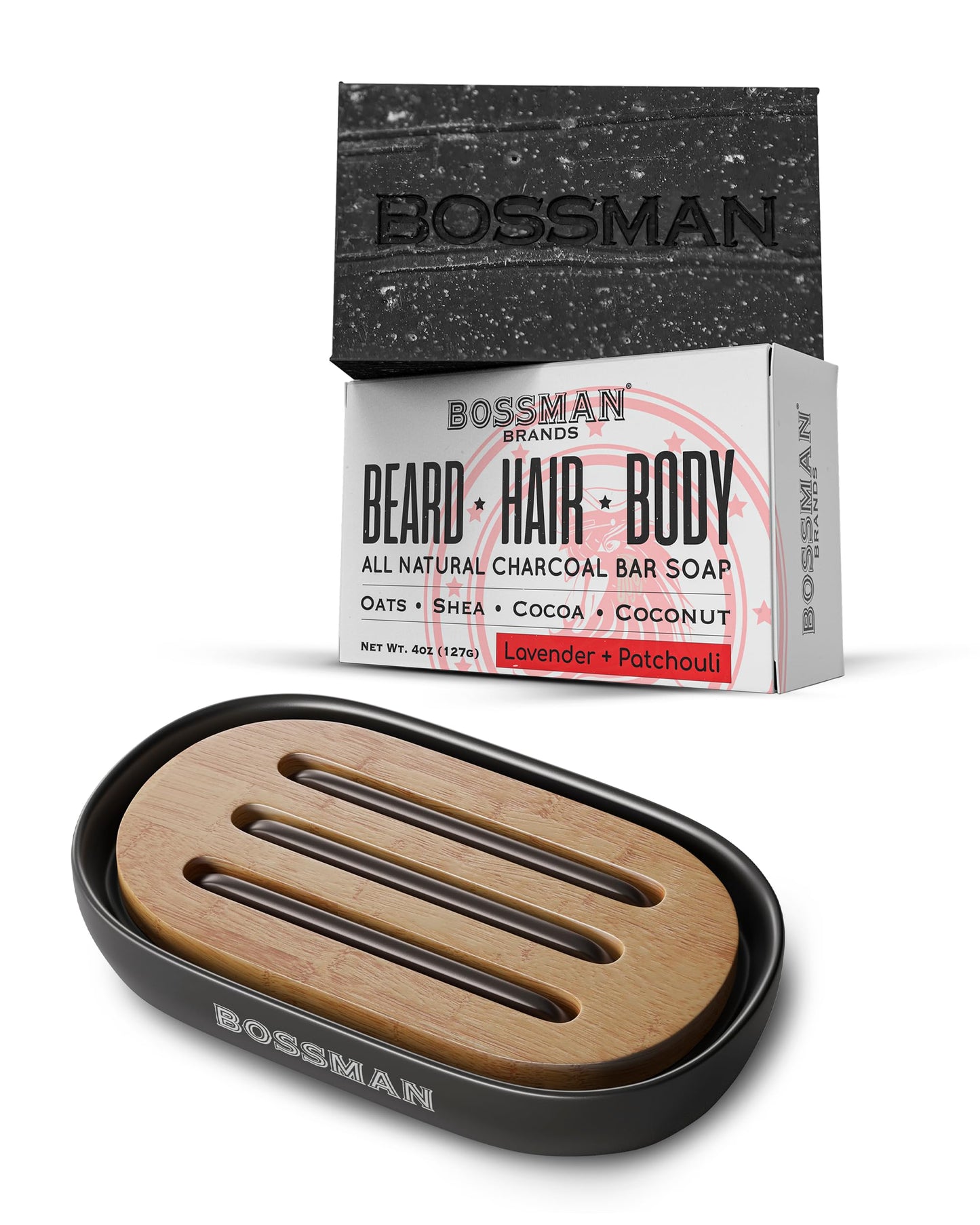 Bossman Men's 4-in-1 Bar Soap for Men + Black Soap Dish Bundle – 4 oz Bar with Lavender & Patchouli Scent + Ceramic Base with Bamboo Tray