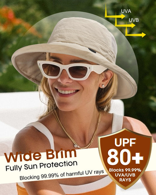 FURTALK Wide Brim Sun Hat with Ponytail Hole for Women UPF 80+ UV Protection Packable Bucket Hiking Travel Outdoor Hat Khaki