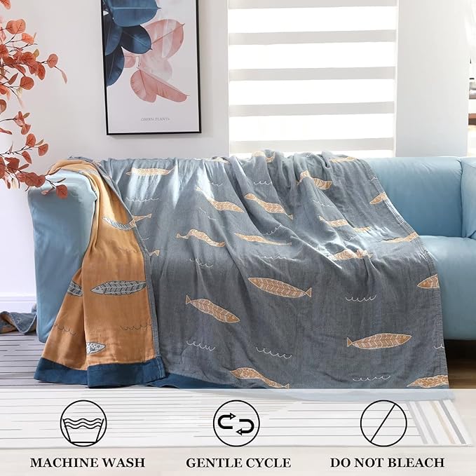 Boho Throw Blanket for Bed 100% Cotton Ultra Soft Rustic Quilt Fall Blanket Fish Printed Farmhouse Decor Bed Blankets,80"×90" All Season Rustic Throw for Sofa Couch Chair