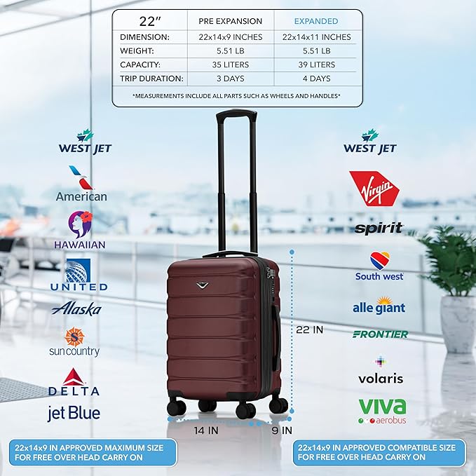 22x14x9" Expandable Carry On Suitcase Hardside TSA Lock USB C Port Lightweight Luggage Silent Double Spinner Wheels Maximum Overhead Carry-On Bag For American & United Approved Airlines