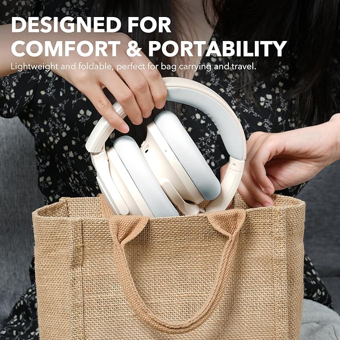 1Mii Y8+ Noise Cancelling Headphones Bluetooth, Wireless LDAC Hi-Res Audio, Custom EQ via App, 75H Playtime, Comfort Fit, Over Ear Headphones Foldable for Airplane Travel Home Office Beige Cyan