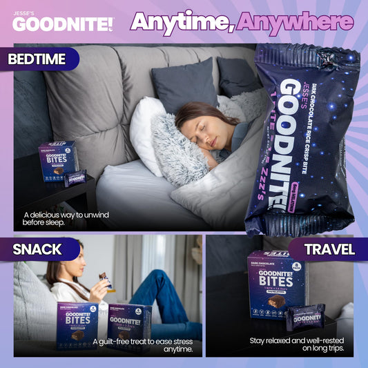 GOODNITE! Sleep Bites – Proprietary Blend with 5mg Melatonin & L-Theanine – Vegan, Gluten-Free, Kosher – Dark Chocolate Protein Snack for Restful Sleep – 8 Pack