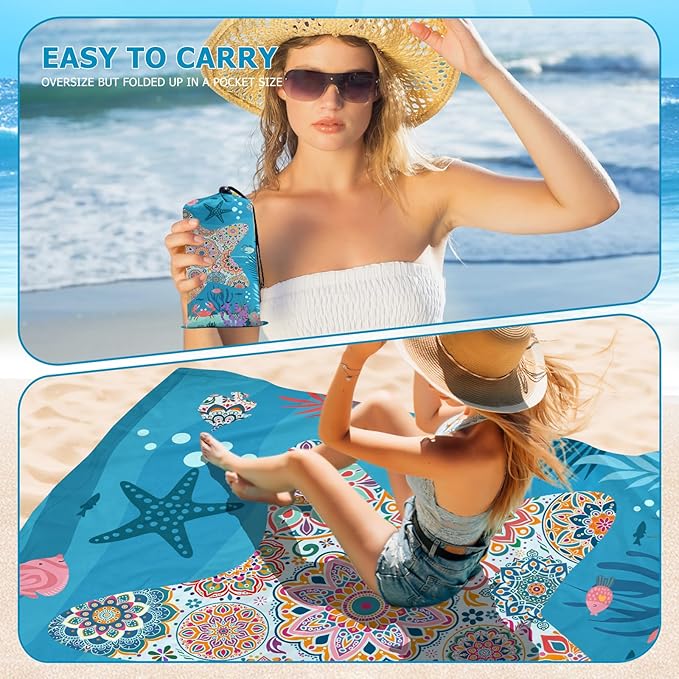 Beach Blanket Waterproof Sandproof, Bohemian Starfish Oversized Extra Large Beach Mat 83"×95"/8 × 7 FT for 1-7 Adults for Picnic Travel Camping Hiking, Quick Drying Lightweight Vacation Essentials