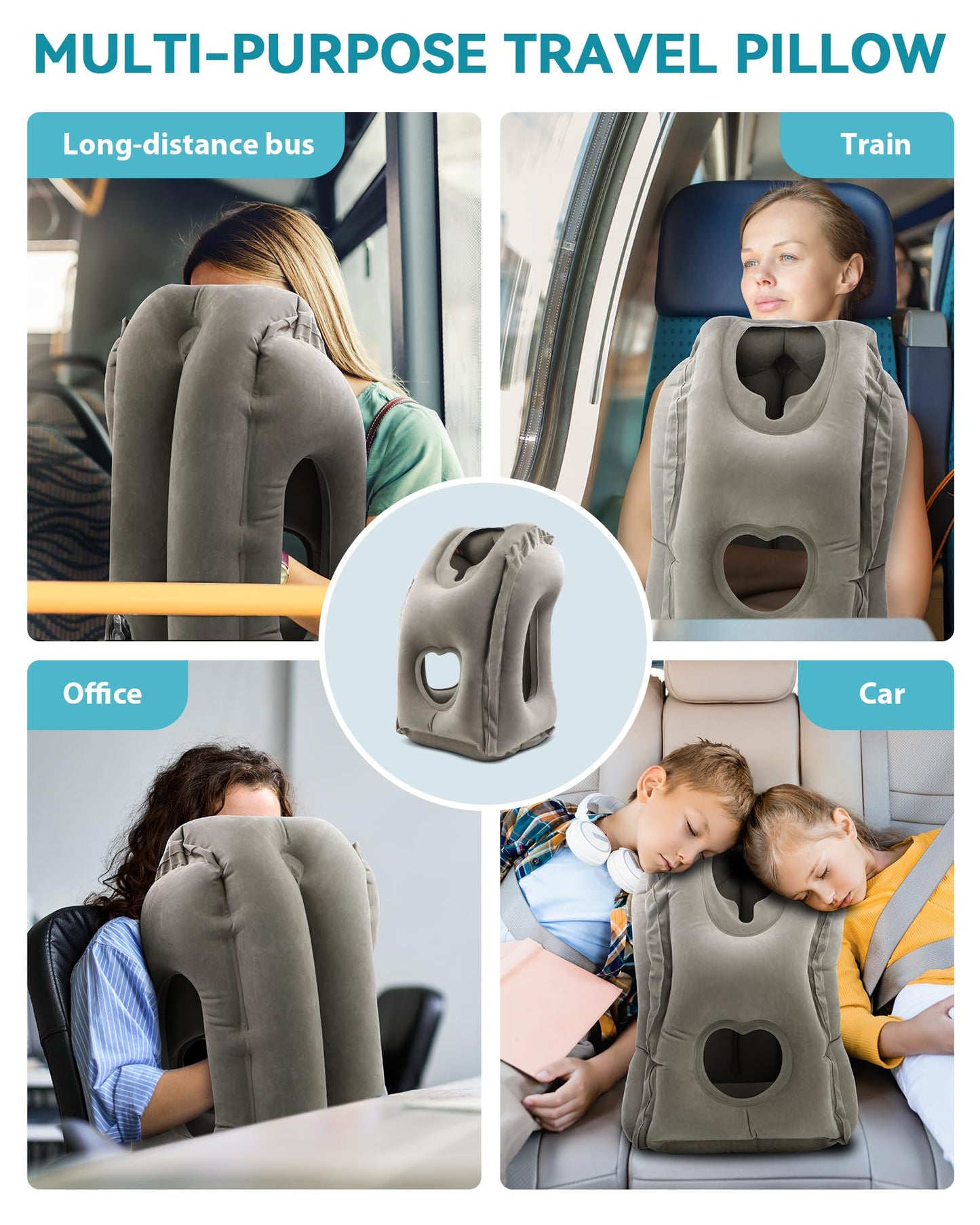 JefDiee Inflatable Travel Pillow, Airplane Neck Pillow Comfortably Supports Head and Chin for Airplanes, Trains, Cars Office Napping on The Tray Table (Grey)