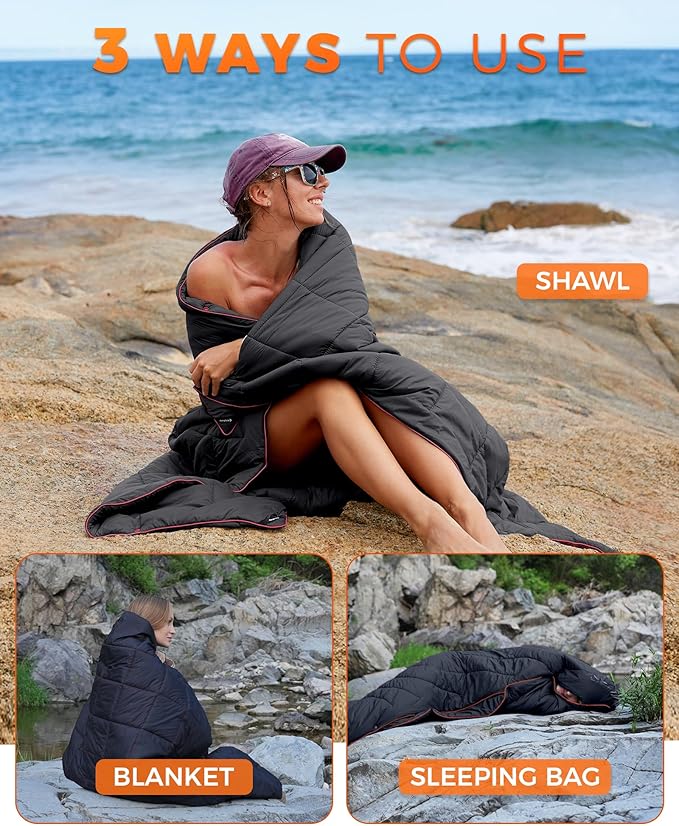 KingCamp Ultralight Camping Blanket, Packable Down Alternative Puffy Wearable Blankets Weatherproof Warm Package Quilt with Snap Buttons for Outdoor Hiking Travel Picnic Stadium (69"L x 53"W, Black)