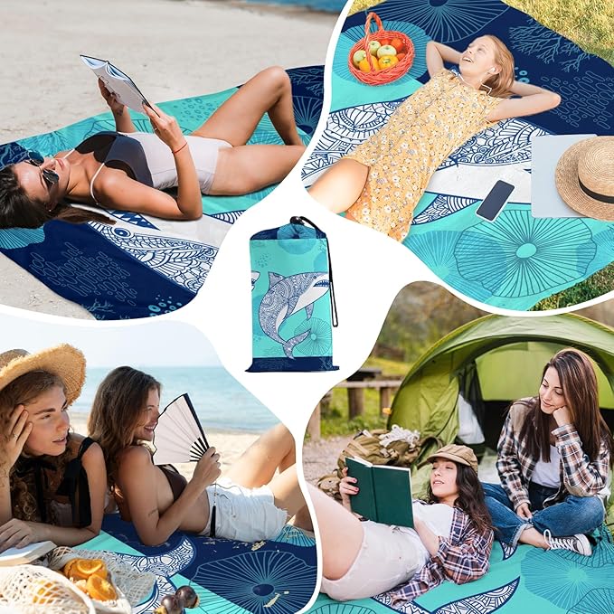Beach Blanket Waterproof Sandproof, Shark Oversized Extra Large Picnic Mat 83"×95"/8 × 7 FT for 1-7 Adults for Travel Camping Hiking, Quick Drying Lightweight Beach Vacation Essentials