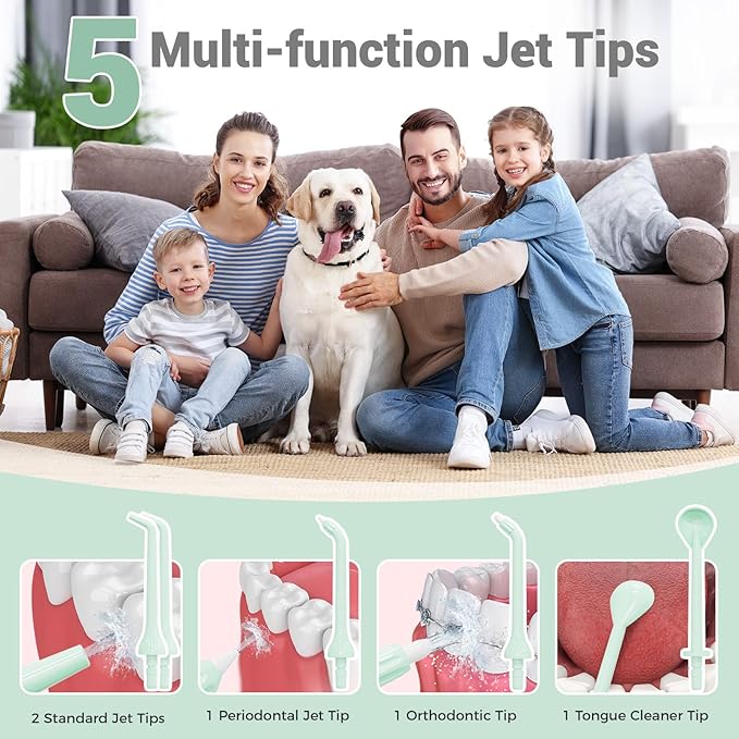 350ML Water Dental Flosser Teeth Pick with Travel Bag, 5 Modes Portable Cordless Oral Irrigator Cleaner, Electric Rechargeable IPX7 Waterproof for Home Travel Teeth Cleaning flossing (Green)