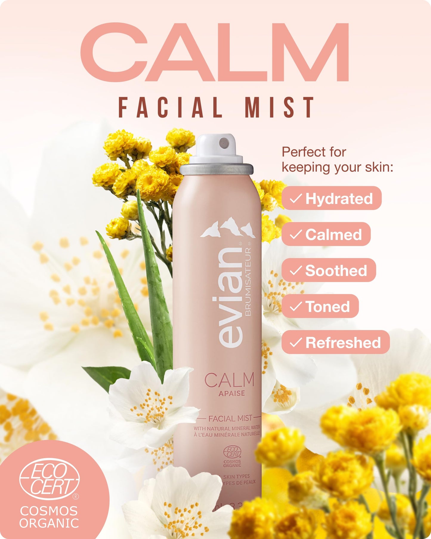 Evian Calm Facial Mist | Hydrating Mineral Water Face Spray with Aloe & Jasmine | Calming Toner Mist for Sensitive Skin | Travel Facial Spray to Hydrate, Refresh, & Calm Skin Anytime