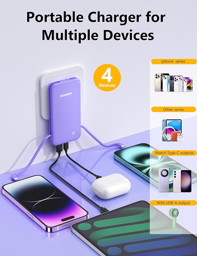 Alongza Portable Charger Built-in Cables and AC Wall Plug, Slim Fast Charging Power Bank 10000mAh, Lightweight USB C External Battery Pack Compact Travel Cell Phone Charger