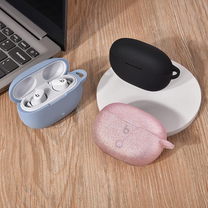 AIRSPO Silicone Case Compatible with Beats Studio Buds Case 2021 Soft Protective Cover for Beats Wireless Earbuds with Keychain (Glittery Rose Gold)