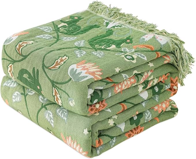 100% Cotton Throw Blankets 60"x80", Versatile Green Boho Blankets for All Season,Sofa Couch Beding Livning Throw Blankets Soft Cozy Farmhouse Musin Blanktes Best Gifts for Women