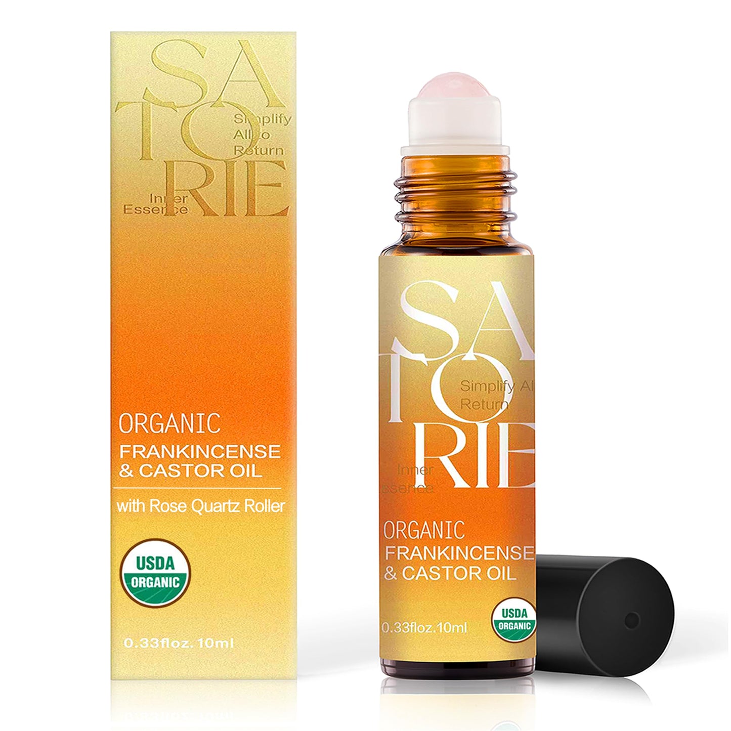 SATORIE Organic Castor & Frankincense Oil with Rose Quartz Rollerball - USDA Certified Essential Blend Oil Roll-On, Time Eraser Rollerball, for Face, Under Eyes, Anti-Aging, Dark Circles