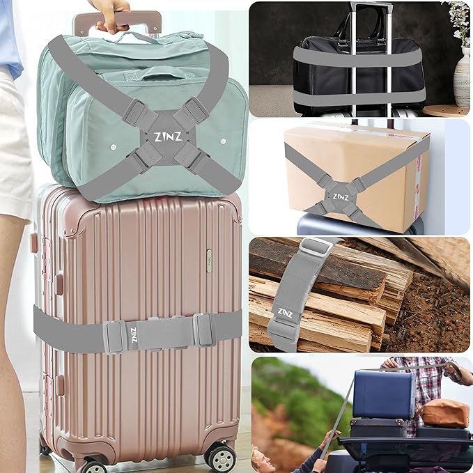 2-Pack Elastic Luggage Straps with Suitcase Bungee, Adjustable Bag Belt Travel Accessories -Gray