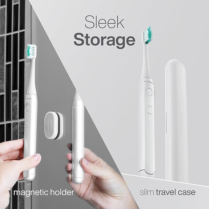 Aquasonic Icon ADA-Accepted Rechargeable Toothbrush | Magnetic Holder & Slim Travel Case | 2 Brushing Modes & Smart Timers | Gentle Micro-Vibrations (Pearl)