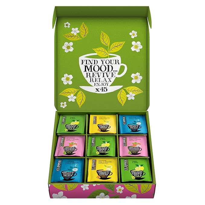 Clipper Tea: Organic Herbal & Green Tea Set, Gift Box – Tea Selection & Sampler with 5 Flavors Including Lemon, Ginger, and Bedtime Teas – Assorted Tea Bags in Colorful Tea Box, 45 Unbleached Tea Bags