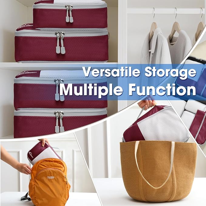 Compression Packing Cubes for Travel, 8 Set Packing Organizers with Zipper Pulls and Mesh Top Panel - Light-weight Travel Cubes for Carry On and Suitcases, Wine