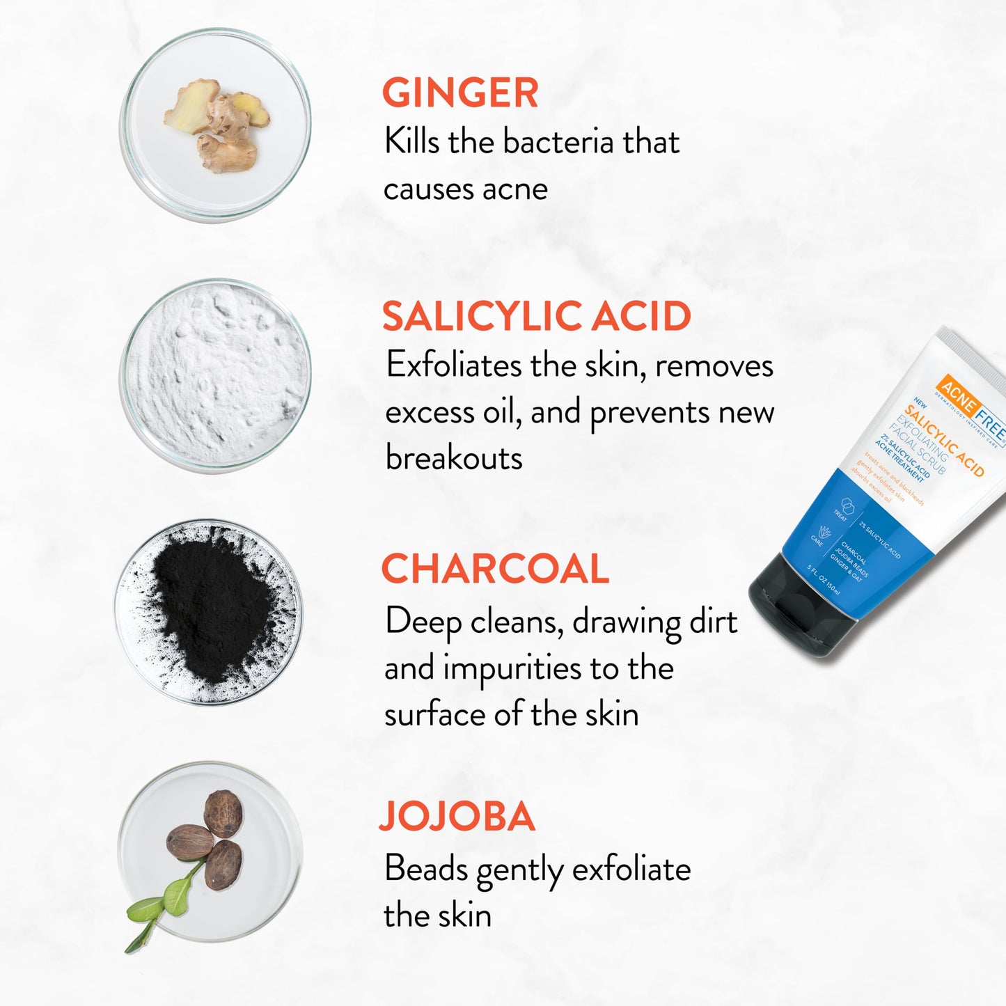 Acne Free Salicylic Acid Exfoliating Face Scrub, 2% BHA Blackhead Remover & Acne Treatment, Deep Cleanse with Charcoal & Jojoba Beads, Gentle Exfoliation with Ginger & Oats, 5 Ounce