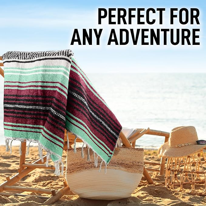Authentic Large Handwoven Mexican Blanket - Soft Yoga- Durable Serape- Lightweight Falsa, Beach, Camping, Picnic, Outdoor Blanket 70"x50" - Miami Vice