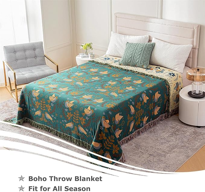 Boho Throw Blanket for Bed 100% Cotton Ultra Soft Rustic Quilt Fall Blanket Bird Floral Printed Farmhouse Decor Large Bed Blankets,60"×80" All Season Rustic Throw for Sofa Couch Chair