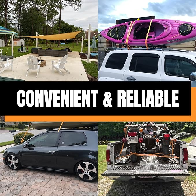 Cartman 1" x 15' Ratchet Tie Down up to 1500lbs 4pk in Carry Bag, with 18" Soft Loop Tie-Down Straps & 32" Bungee Cord