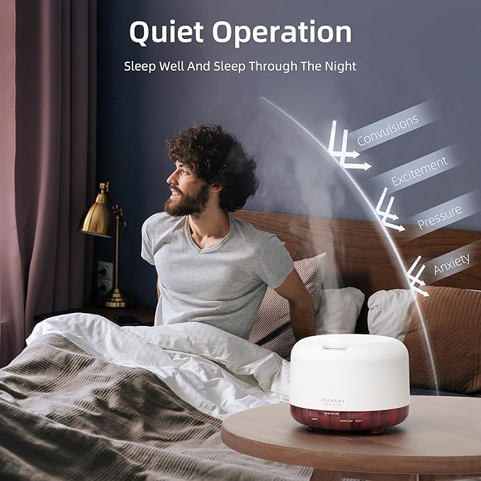 ASAKUKI Essential Oil Diffuser for Home, 500ml Aromatherapy Fragrant Oil Humidifier Vaporizer, 7-Color Light and Auto-Off Safety Switch Reddish-Brown