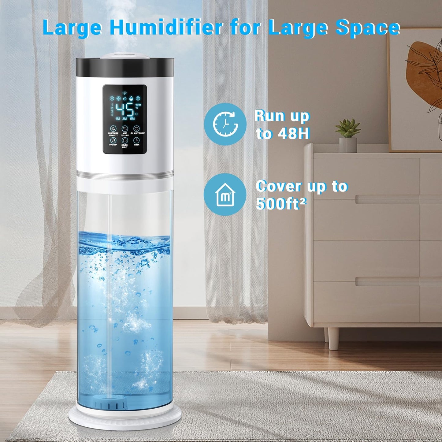 8L/2.1 Gal Humidifiers for Bedroom Large Room, 4 Levels Cool Mist Humidifier with Clear Tank, 7 Color Lights Essential Oil Diffuser with 16H Timer, Top Fill Air Humidifier for Home Plants Office