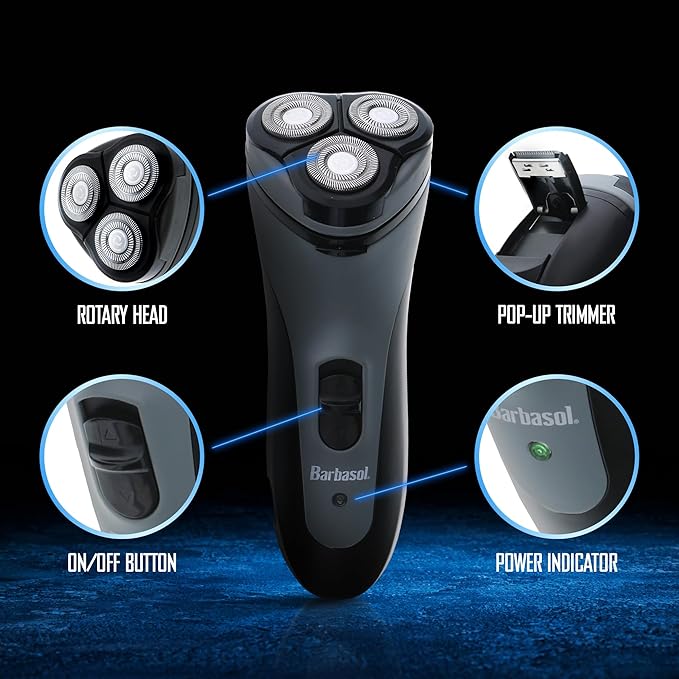 Barbasol Rotary Shaver, Rechargeable Electric Rotary Shaver with Stainless Steel Blades, Pop-Up Trimmer, Wireless Cordless Electric Razor, Close Shave, Full 8 Hour Charge Provides 45 Minute Run-Time