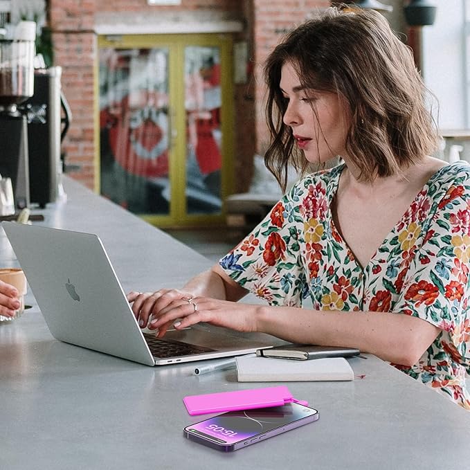 Auskang Pink USB-C Portable Charger with Built in Cable-5000mAh Slim Power Bank Compatible with iPhone16 15 Series/Samsung/Google Pixel/Android Phones etc-Thin Battery Pack for Outdoor Travel