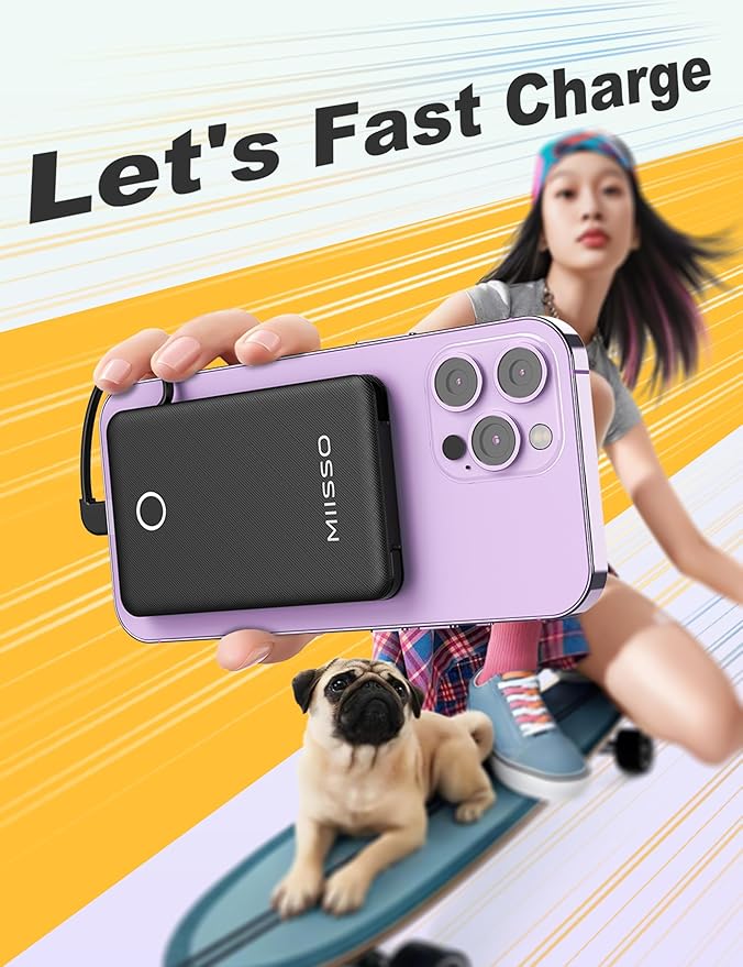 6000mah Ultra Slim Built in Cables Power Bank, Card Size Built in USB C Cords Battery Pack Portable Charger for Phones, 3 Output External Battery Pack Compatible with iPhone, Samsung, Deep Black