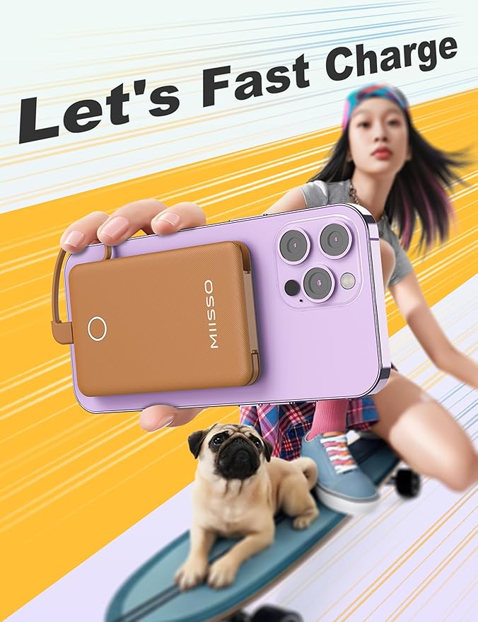 6000mah Ultra Slim Built in Cables Power Bank, Card Size Built in USB C Cords Battery Pack Portable Charger for Phones, 3 Output External Battery Pack Compatible with iPhone, Samsung, Google, Brown