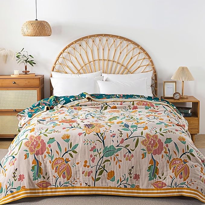 Boho Throw Blanket, Double-Sided Cotton Woven Throw Blankets,Bohemian Style Little Swan Green Boho Muslin Blanket for Traveling, Camping, Picnic, Farmhouse,80''x90''