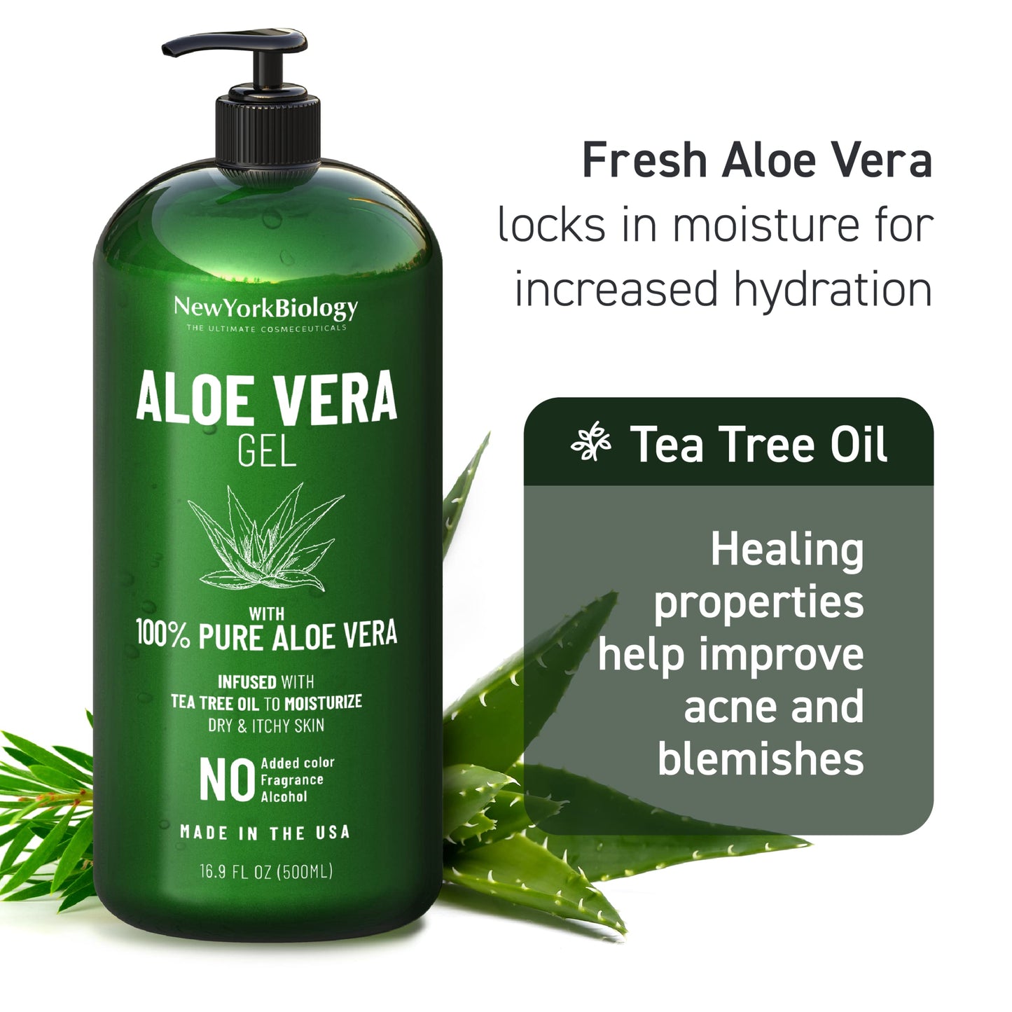 New York Biology Aloe Vera Gel for Face, Skin and Hair - Infused with Tea Tree Oil - From Fresh Aloe Vera Plant - Moisturizing Aloe Vera for Sunburn Relief and Dry Skin - 16.9 Fl Oz